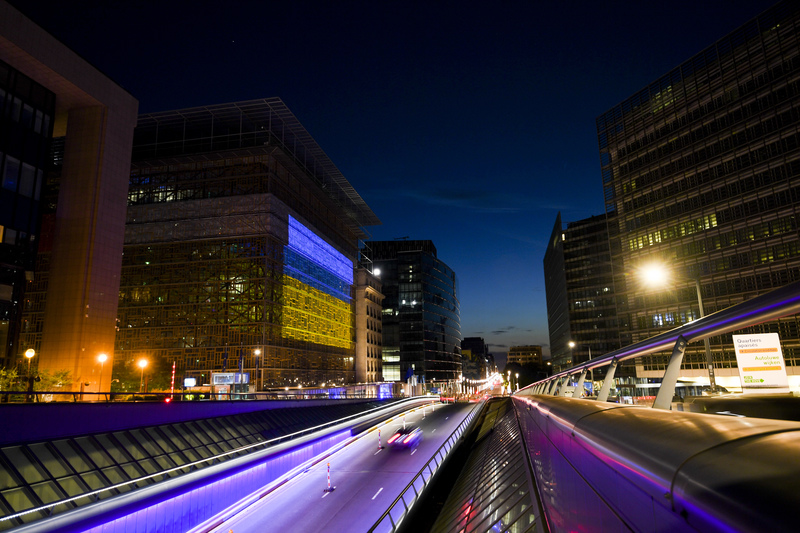 Council of the EU illuminated with Ukrainian flag